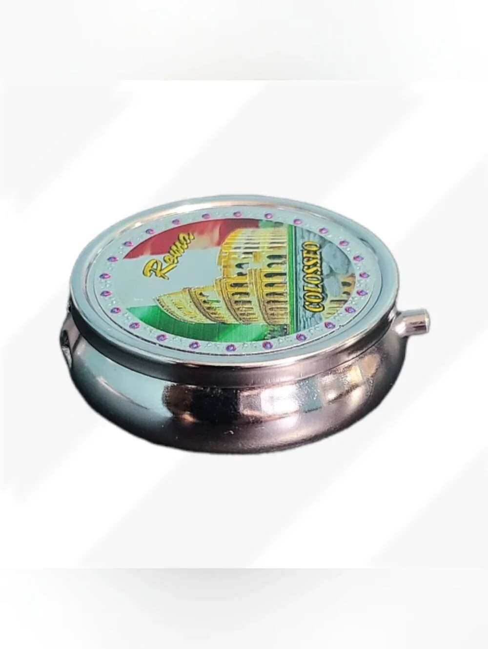 Trinket Pill Box Rome Italy Colosseum Travel Metal Hinged Round 3 Compartments